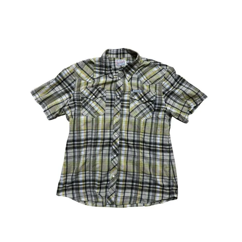 True Religion Plaid Western Snap Shirt XXXL Green Yellow Short Sleeve